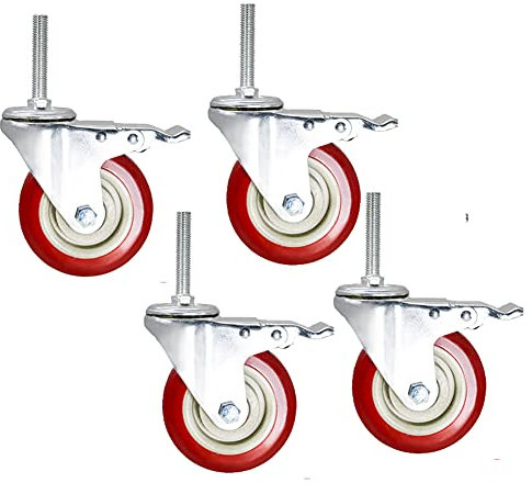 Kioxiuin Heavy Duty Swivel Casters, 4 Pcs M12 x 60mm Long Thread Wheels for Furniture Industrial Transport Trolley Workbench - 4 Inch Silent PU Wheels with Brake for Scaffold 500kg Capacity