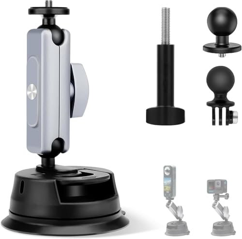 Car Suction Cup Mount for Insta-360 X4 X3 X2/GO 3S/GO 3/Gopro Hero 13 12 11 10 9 8/DJI Osmo Pocket 3/2/Action 5/4/3/2, Action Camera Suction Cup Mount with 360°Dual Head Ball Action Camera Accessories