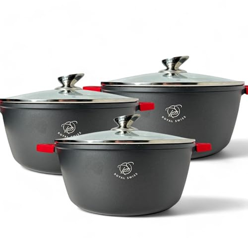 Royal Swiss® Induction Schmortopf, 3-teiliges Pfannen-Set, XL-Pfanne, Groot Marmite, ofenfest, Antihaftbeschichtung, Schwarz