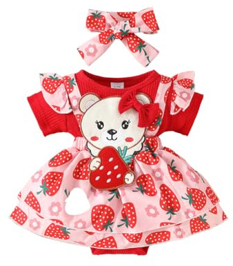 LUVCES Robe Nouveau-né Fille Volants Manches Courtes Côtelée Cute Imprimée Barboteuse Robes avec Bandeau Vêtements d'été Ensemble