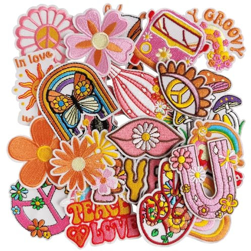 GYGYL 25Pcs Hippie Iron on Vintage Patches Groovy Boho Peace Sign Sew on Embroidered Patches for Clothes, Backpack, Jackets, Jeans, Shirt DIY Crafts