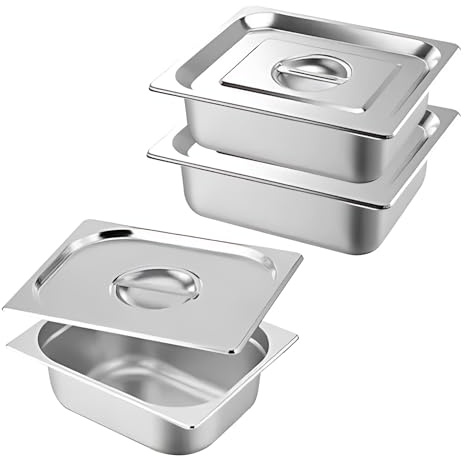 Gemsaya 3PCS Stainless Steel Gastronorm Pan 1/6 with Lid, Stainless Steel Food Containers with Lid, Capacity: 1000ml, Deep Food Container Storage Box, 17.5x16.5x6.5cm, Silver