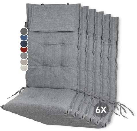 slaaviinoo Gartenstuhlauflagen Hochlehner 6er Set - Ideale 6cm Dicke Sitzauflagen - Mit Kopfpolster - Oeko-TEX Zertifiziert - UV-beständig - Auflagen für Gartenmöbel - Morgenmistgrau