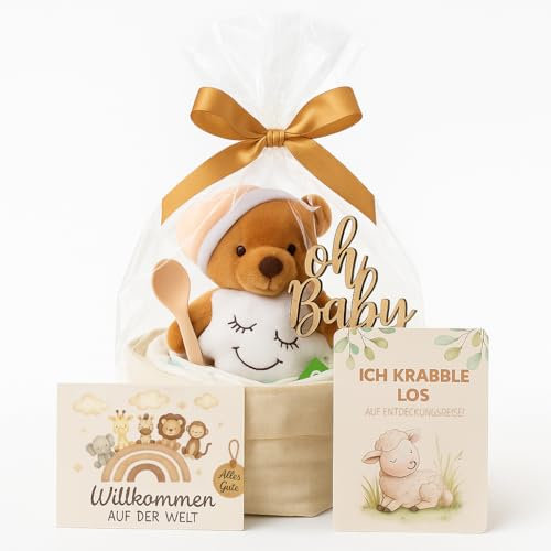 Windeltorte Mädchen & Junge mit Kuscheltier - Boho Windeltasche [Handmade] – Baby Geschenk zur Geburt mit Babylöffel, Premium Windeln & Bio-Tee – Windeltorte Neutral & für Babyparty