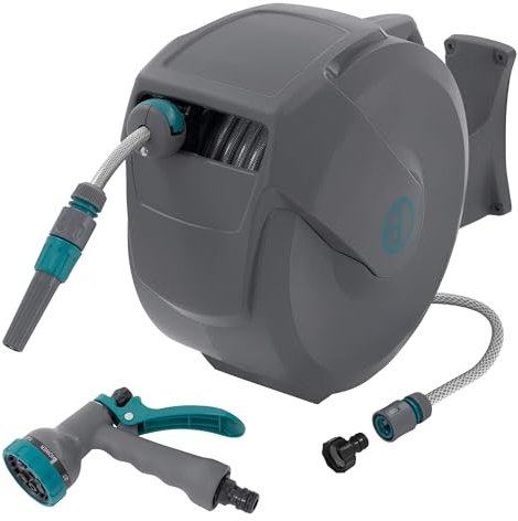 ECD Germany Schlauchaufroller 20m+2m, Schlauchtrommel, Wand-Schlauchbox RollUp mit Arretierstop und 9 Sprühfunktionen, 180° Schwenkbar, Automatischer Wasser Gartenschlauch-Aufroller zur Wandmontage