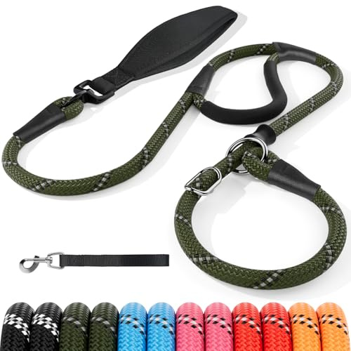 Kdsvakd Slip Lead for Dogs, No Pull Training Leash with Double Comfortable Handles and Collar Attachment, Highly Reflective Strong Puppy Rope Leads for Small Medium Dog, Armygreen 8mm*1.8m