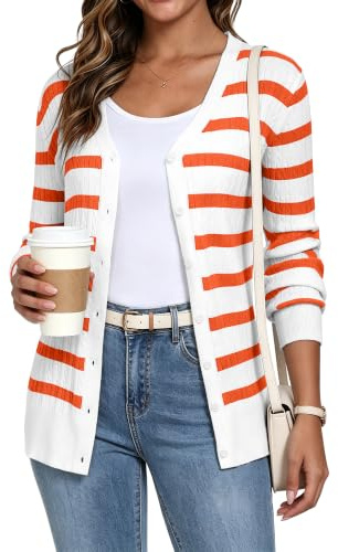 YUNDAI Womens Stripe Cardigan V Neck Long Sleeve Button Down Knit Sweater | Striped V-neck knit cardigan, long sleeves button front, soft lightweight fabric for spring fall layering & daily casual wear
