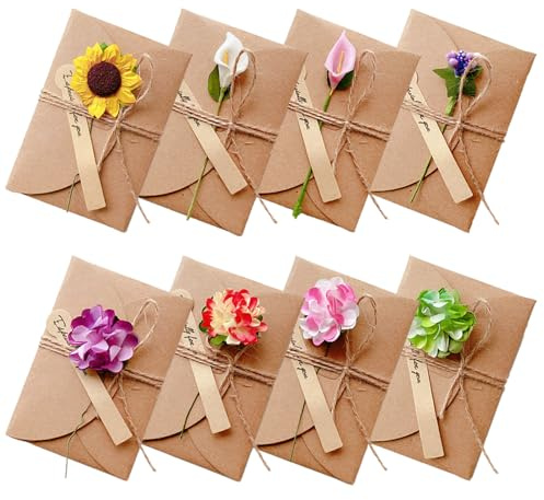 RXKFIGX 8 Stück Getrocknete Blumen Grußkarten mit Kraftumschlag,Grußkarte Set,Handgefertigte Grußkarten,Retro Kraftpapier-leere Umschläge Blanko Retro Grußkarte mit Umschläge Weihnachten Hochzeit