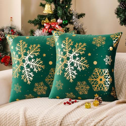 Miuyunya Weihnachts Kissenbezüge Samt Weich 40x40 cm 2er Set Grün Dekorative Kissenbezug Weihnachten Gold Schneeflocke Kissen Wohnzimmer Winter Deko Kissenhülle Urlaub Zierkissenbezüge für Sofa