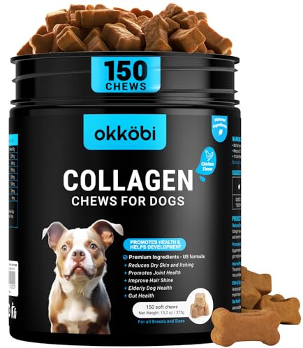 OKKÖBI Collagen for Dogs - 150 Chews - Joint, Skin & Coat Supplement with Hyaluronic Acid, Eggshell Membrane & Vitamin C - Daily Hip & Joint Support for Senior Dogs & Puppies - Chicken