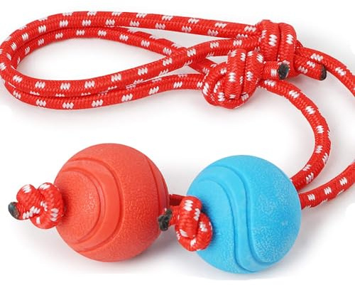 DANYPAC Pelotas con Cuerda para Perros, Set de 2, Rojo y Azul, 6 cm, Juguete Resistente para Mascotas