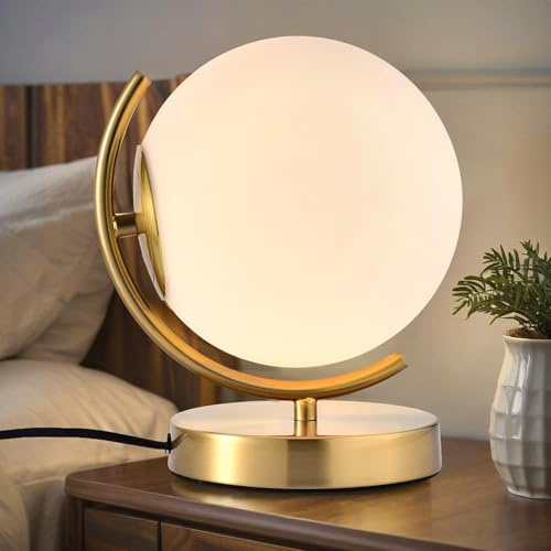 Alighting Gold Table Lamp with 7Inch Frosted Glass Shade | Plug-in Globe Bedside Lamp, Small Table Lamp for Bedroom, Living Room, E14 (Bulb Not Included)