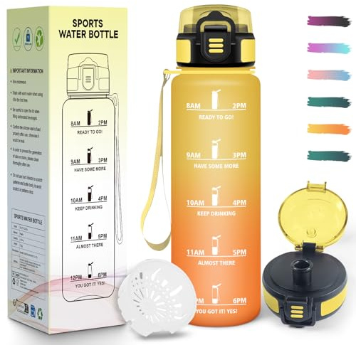 Mulbijeo Trinkflasche 1L, Auslaufsicher mit Zeitmarkierung, Trinkflaschen mit Filter, Trinkflasche Kohlensäure Geeignet, Wiederverwendung, Wasserflasche für Fahrrad, Outdoor, Yoga, Fitness
