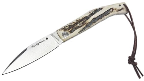 MIGUEL NIETO Navaja Ventura 080-CIER, con hoja de 8 cm. en acero inoxidable Vanadio 1.4116 Plegable y empuñadura en Asta de Ciervo, Hueco con cordón fiador incluido