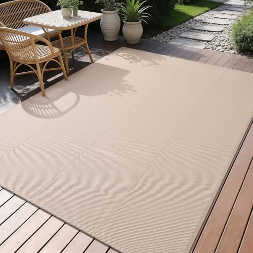 smiry Outdoor Teppich Wetterfest, rutschfest Leicht Küchenteppich aus Polypropylen, Faltbar Wendbar Waschbar Einfarbig Outdoorteppich für Terrasse, Garten, Balkon, 120X180 cm, Beige