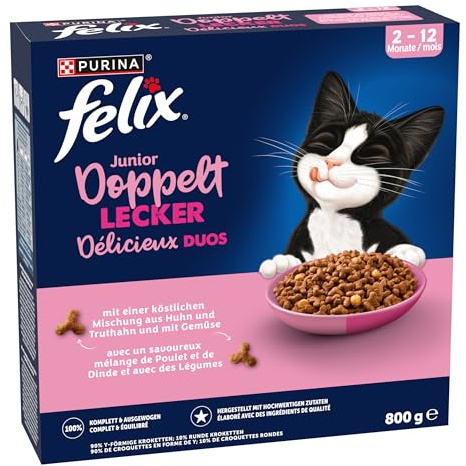 FELIX Doppelt Lecker Junior, mit Huhn, Truthahn und Gemüse, 5 x 800g | Katzenfutter trocken