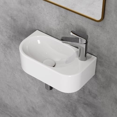 HOROW Lavabo de Coin Ovale Vasque Murale pour Salle de Bains WC des Invités | Petit lavabo à main 40 cm blanc en céramique avec trou de robinet à droite, sans trop-plein