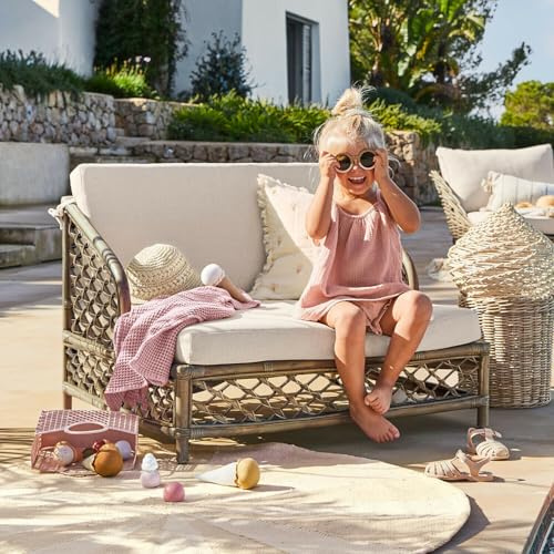 Loberon Kinderliegestuhl Snuggleberry - Niedrige Bauhöhe - Fester Sitzkomfort - Waschbare Olefinfaser-Bezüge - Rattan - Polypropylen, braun/grau