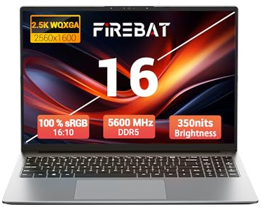 FIREBAT Laptop,16 Inch 2560×1600 QHD, AMD Ryzen 5 6600H, Radeon 660M Graphics Card, DDR5 RAM, PCIe SSD, for Students/Individual/Professional - Grey【U6B】