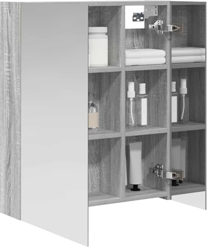 vidaXL Badezimmerspiegelschrank Graues Sonoma 60 x 14,5 x 70 cm, Badezimmermöbel, moderner, rechteckiger Aufbewahrungsschrank, Wandspiegel, verstellbare Regale, praktisch