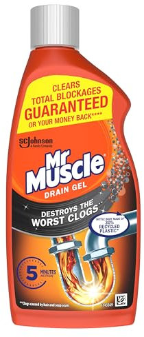 Mr Muscle Drain Unblocker, Sink & Drain Cleaner, Fast Acting Heavy Duty Drain Gel, Dissolves Clogs, Works 3x Better Than Bleach, Safe for All Pipes, 500ml