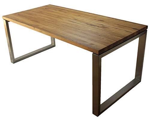 Tischgarnitur Exklusiv - Wildeiche Massivholz Serie London mit Edelstahl Gestell, Tisch mit Bank 140 x 80 cm, Holztisch massiv, Tischgruppe mit Sitzbank, Premium Tisch-Set, Design Sitzgarnitur, Esstisch mit Bank