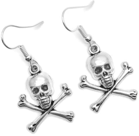 Skull and Crossbones Charm Earrings, Tibetan Silver Charms on Nickelfree Hooks : 40mm long, Fun Halloween Fancy Dress Jewellery, Spooky Skeleton Drop Earrings