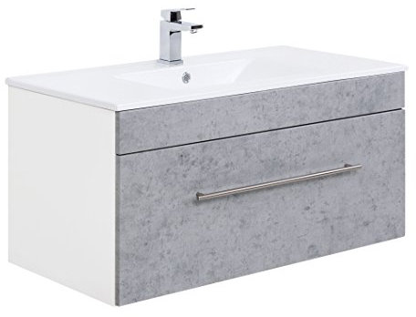Posseik Badmöbelserie VIVA 100 Waschplatz, Beton + Weiß, Waschtisch 100 cm breit Keramik Waschbecken
