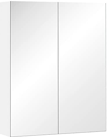 HOMCOM Armadietto Pensile da Bagno Due Ante Frontali con Specchiera e 2 Ripiani Interni MDF Bianco 60 x 15 x 75 cm