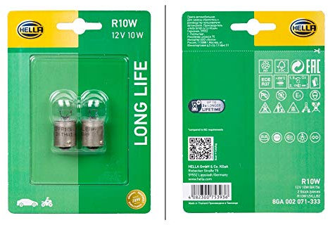 HELLA 8GA 002 071-333 Glühlampe - R10W - Long Life up to 3x longer lifetime - 12V - 10W - Sockelausführung: BA15s - Blister - Menge: 2