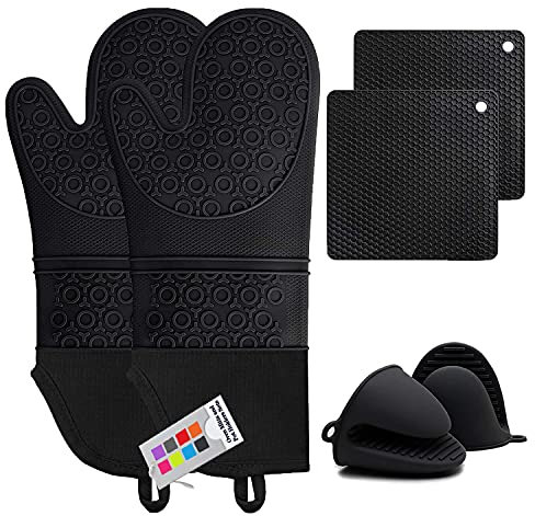 MTZRFLL Silikon-Ofenhandschuhe und Topflappen-Sets, extralang, hitzebeständige Ofenhandschuhe mit heißen Pads und Mini-Ofenhandschuh-Set für Küche, Backen, Kochen, weiches gestepptes Futter, 6 Stück