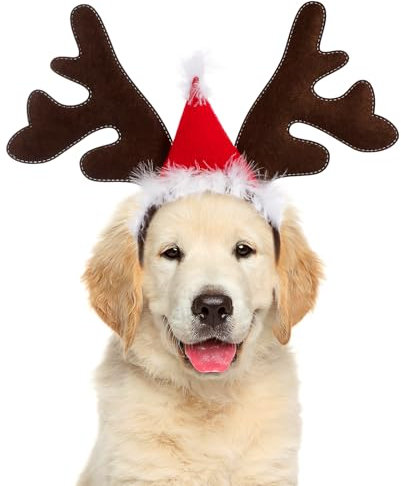 PRETYZOOM Weihnachten Haustier Stirnband Rentiergeweih Stirnband Elchgeweih Haarreif mit Weihnachtsmütze für Katze Hund Weihnachten Xmas Party Haarschmuck Cosplay Kostüm Zubehör