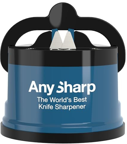AnySharp Messerschärfer | Freihändige Sicherheit, PowerGrip Saugnapf | Sicheres Schärfen aller Küchenmesser | Ideal für gehärteten Stahl & Wellenschliff | Weltbeste Qualität | Kompakt | Blau