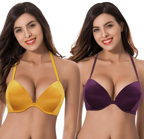 Curve Muse Women Push Up Add 1 and a Half Cup Underwire Halter Front Close Bras -2PK-Orange,Burgundy-46C (EU:105C)