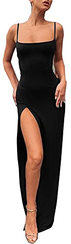 PRIMODA Damen Spaghettiträger, rückenfrei, Oberschenkelhoch, Schlitz, figurbetontes Maxi-Kleid, Club Party Kleid