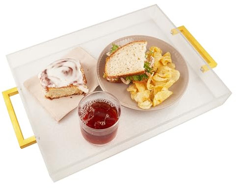 Acrylic Serving Tray with Gold Handles, 16 x 12 Decorative Trays for Coffee Table, Spill Proof Food Drinks Server, Ottoman Tray for Countertop, Kitchen, Vanity, Serving Party Platter (Clear Glitter)