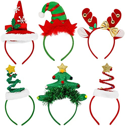 Yiezio Weihnachts Haarreif, 6 Stück, Weihnachtsbaum-Stirnband mit Glöckchen, Rentiergeweih, Weihnachtsbaum-Kopfkappe, Hutaufsatz, Weihnachts-Kostüm, Stirnband für Weihnachten und Urlaubszubehör