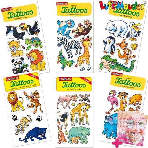 6-teiliges Tattoo-Set * ZOOTIERE * als Mitgebsel, Geschenk oder zum Basteln | von Lutz Mauder | Wilde Zoo Tiere Kinder Kindertattoo Kindergeburtstag Geburtstag Adventskalender Affe Löwe Tiger Pinguin