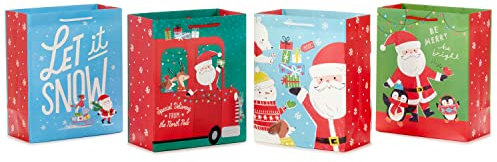 Hallmark 22,9 cm mittelgroße Weihnachts-Geschenktüten für Kinder (4 Taschen: Let it Snow, Santa Delivery Truck, Tanzende Pinguine, Hunde, Schneemann) für Enkelkinder, Nichte, Neffen