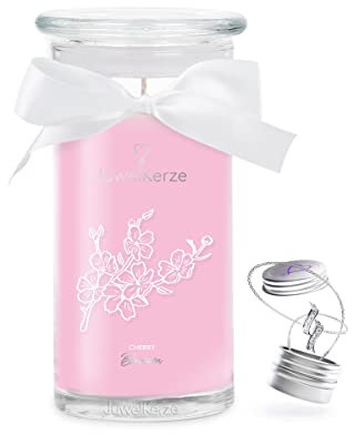 JuwelKerze Cherry Blossom Halskette Silber - Schmuckkerze 80 Std - große Duftkerze mit Blumigem Duft - rosa Kerze mit Schmuck Überraschung - Geschenke für Frauen, Geburtstag