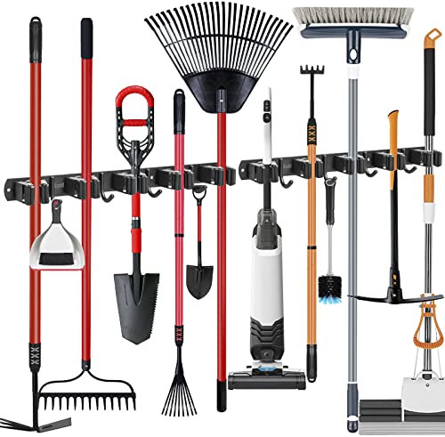 ibell Porta scope Parete 2 Pezzi, Portascope da Muro Appendibile con 10 Posti e 8 Ganci, Supporto Scopa e Portaspazzole Muro Porta Utensili in Acciaio Inossidabile per Casa e Giardino