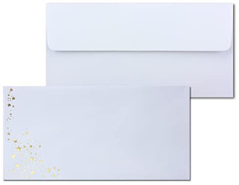 50x Briefumschläge mit Metallic Sternen - DIN Lang - Gold geprägter Sternenregen - Farbe: weiß, Haftklebung, 100 g/m² - 110 x 220 mm - ideal für Weihnachten