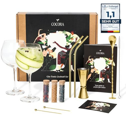 Cocora Kit Cocktail da 11 Pezzi | Set Gin Tonic Regalo | Misurino, Calici, Cannucce, Spezie | Idea Regalo Eco-Friendly (Gold)