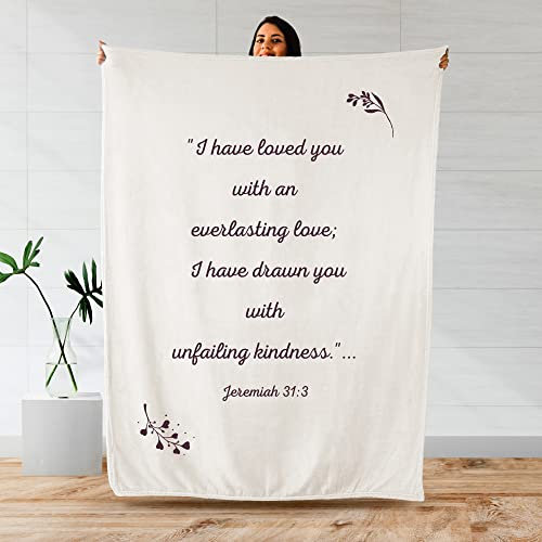 Weiche Gebetsdecken mit Gottes Versprechen von Jeremia 31:3, elfenbeinfarben, 127 x 165,1 cm, inspirierende Tagesdecke, leichter Flanell-Fleece-Bibelvers