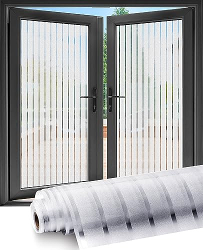 Frosted Window Film Privacy with White Stripe Patterns 75 X 300CM, Shackcom Opaque Window Film Static Cling to Protect Your Family & Anti-UV & Anti-glare for Office Bathroom Home (Vertical Stripe)