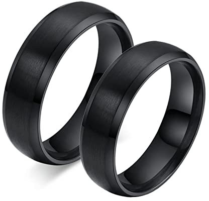 Paar Ringe Vintage, Partnerringe Silber Schwarz Edelstahl 6 mm Gebürstete Abgeschrägte Kante Schmuckgeschenk für Neues Jahr