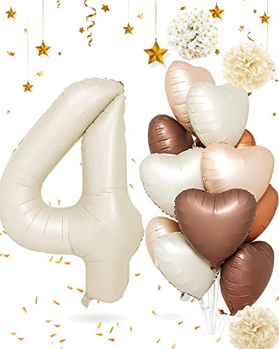 Luftballon 4. Geburtstag, Luftballons Zahl 4 Beige Folienballon 4 82cm Groß Folienballon Zahl 4 Beige Herzballon Sternballon für Mädchen Junge Baby Geburtstag Luftballon Deko Hochzeit Party Dekoration