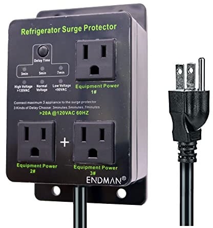 ENDMAN Refrigerator Surge Protector Three Outlet Voltage Protector for Home Appliances with Time Delay, Protects Against Brownout, Spike, Instant Surge All Voltage Abnormalities