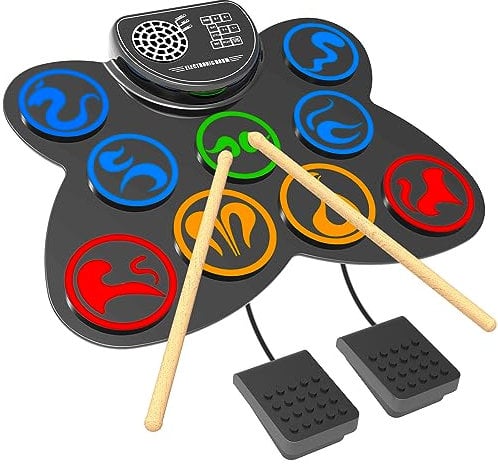 CNAPXAIA Batteria Elettronica, Batteria per Bambini Portatile con Altoparlante Stereo Integrato, Batterie Musicali Strumenti Professionale in 9 Pad Silicone per Regali di Compleanno e Natale