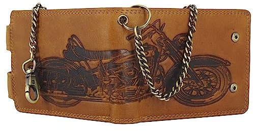 Motorrad-Motiv Motorcycle Biker Geldbörse | echtes Leder für Herren mit Münzfach | Geldbeutel für Männer mit Prägung | Portemonnaie RFID-Schutz | Hill Burry/Hütmann braun (Querformat Kette)